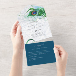 3in1 Peacock Feather Blue Green Wedding RSVP All In One Einladung