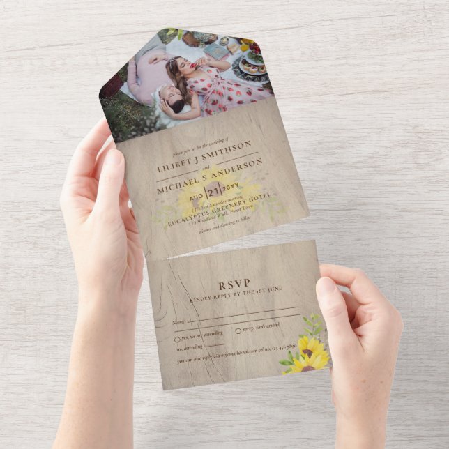 3in1 Rustikale Sonnenblumen Woodland Wedding RSVP All In One Einladung (Abreißen)