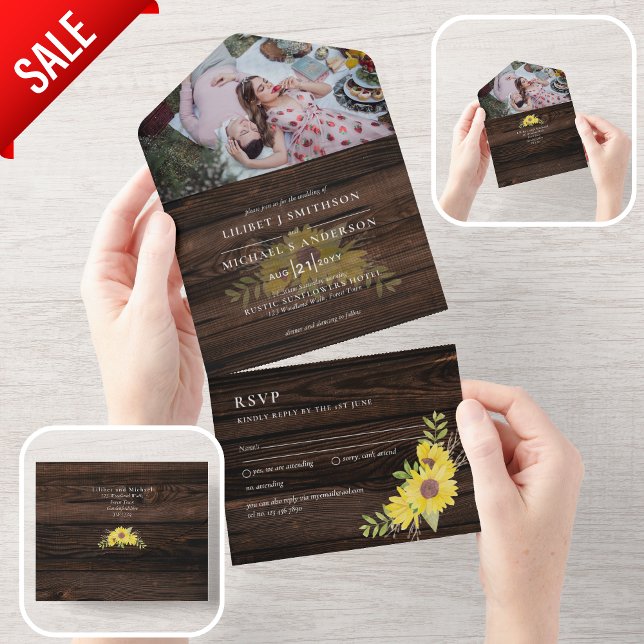 3in1 Rustikale Sonnenblumen Woodland Wedding RSVP All In One Einladung (Von Creator hochgeladen)