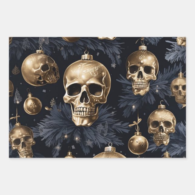3pc Gold Skull Wrapping Paper Geschenkpapier Set (Vorderseite)