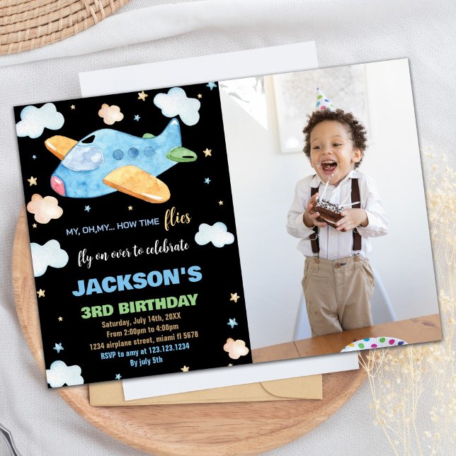 3RD Airplane Einladung zum Geburtstag Blue Black F (3RD Airplane Birthday Invitations Blue Black Photo)