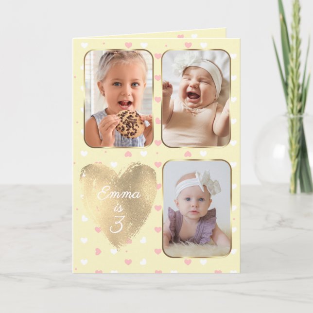 3rd Birthday 3 Picture Collage Yellow Pink White Karte (Vorderseite)