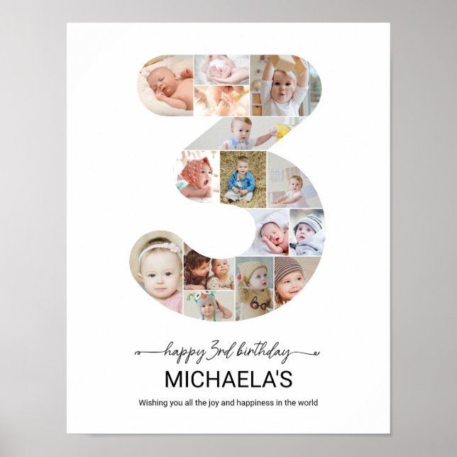 3rd Birthday Number 3 Photo Collage Custom Picture Poster (Vorne)