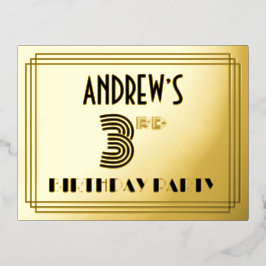 3rd Birthday Party ~ Art Deco Style “3” + Name Folie Einladungspostkarte
