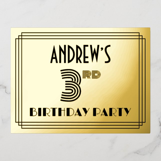 3rd Birthday Party ~ Art Deco Style “3” + Name Folie Einladungspostkarte (Vorderseite)