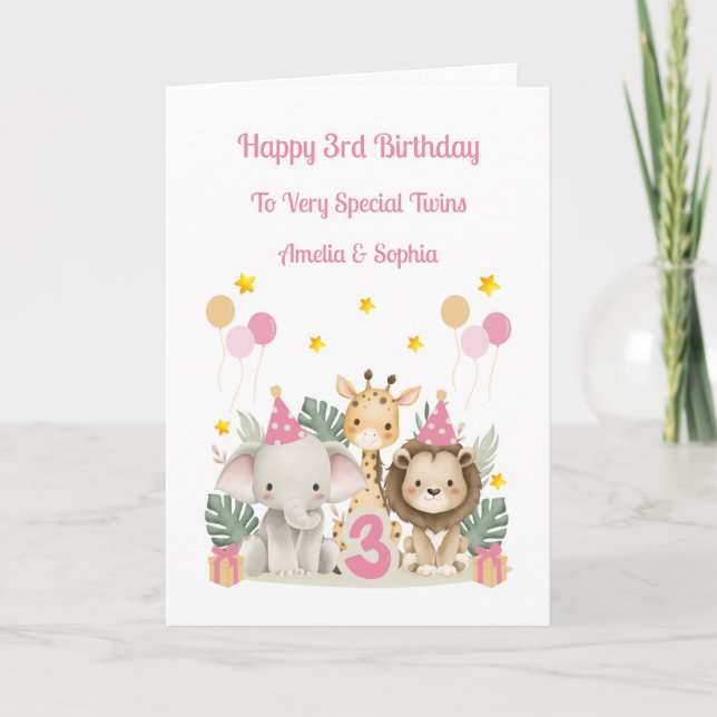 3rd Birthday Safari Animals Twin Girls Card Karte (Vorderseite)