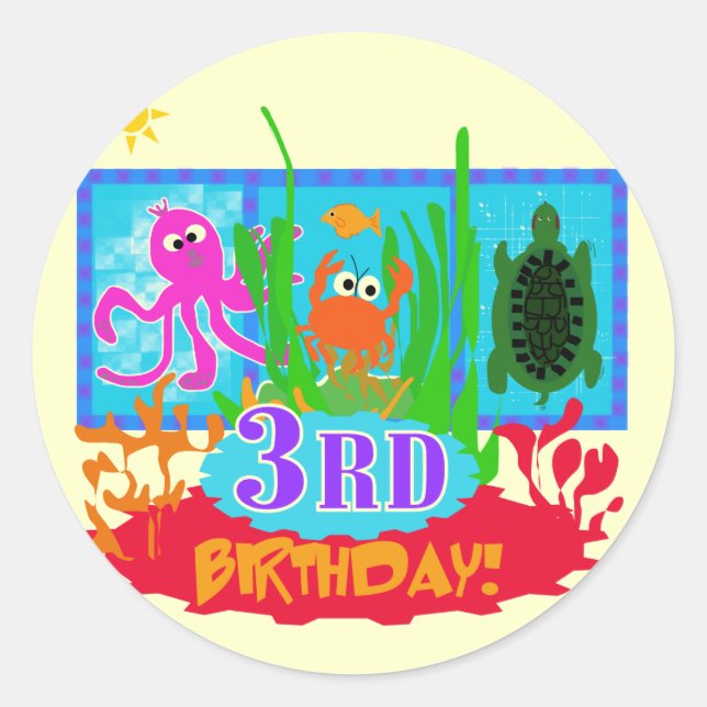 3rd Undersea Adventure Birthday Tshirts Runder Aufkleber (Vorderseite)