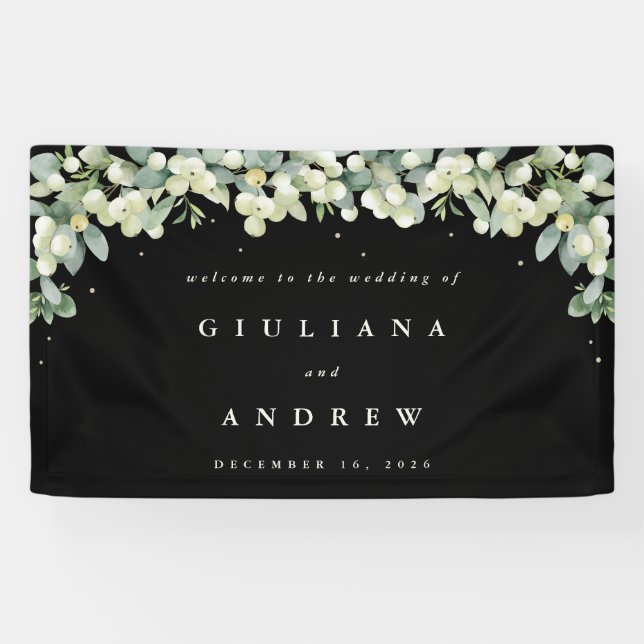 3'x5' Black Snowberry+Eukalyptus Wedding Willkomme Banner (Horizontal)