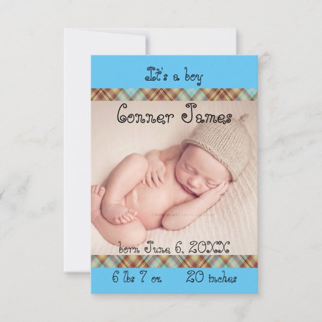 3x5 Blue Newborn Baby Boy Karierte Geburtsankündig Ankündigung (Vorderseite)