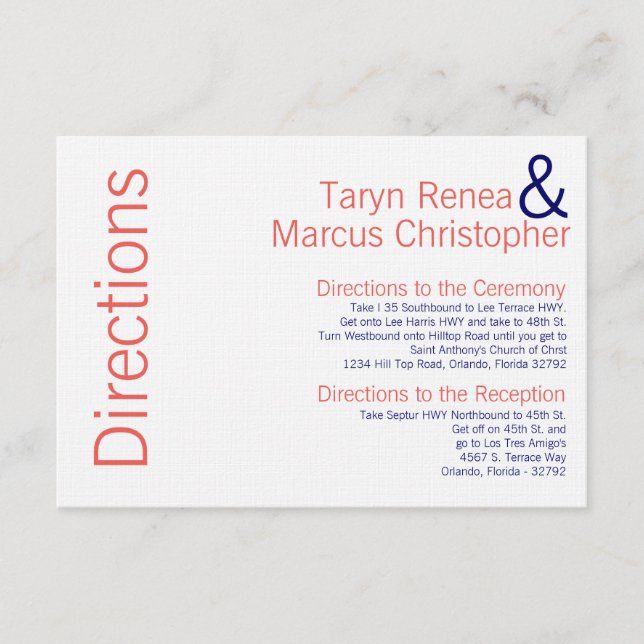 3x5 Directions Card Coral Navy Blue Name Zickzack Begleitkarte (Vorderseite)