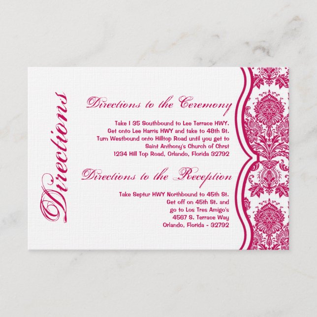 3x5 Directors Card Fusia White Damask Lace Print Begleitkarte (Vorderseite)