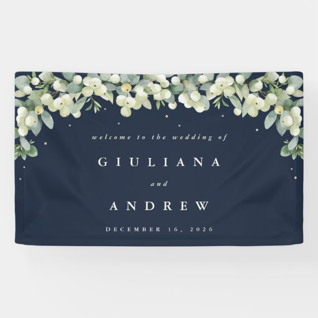 3'x5' Navy Snowberry+Eukalyptus Wedding Willkommen Banner (Horizontal)