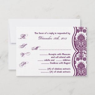3x5 R.S.V.P. Antwortkarte Plum Lila Damask Lace RSVP Karte