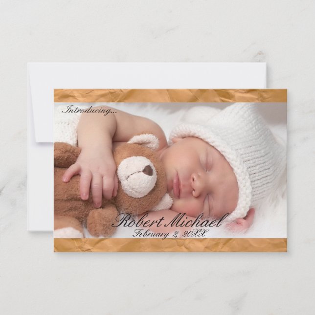 3x5Beautiful Brown Rustic Newborn Boy Ankündigung (Vorderseite)