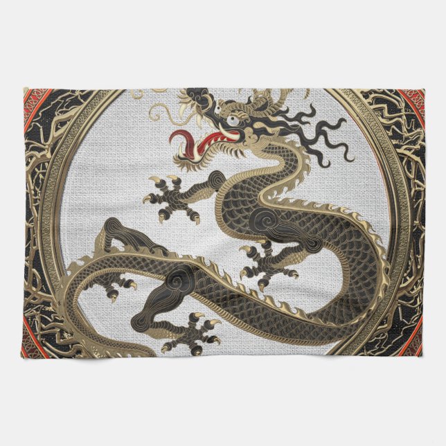 [400] Schwarzer und Gold Heiliger Ostdrache Geschirrtuch (Horizontal)