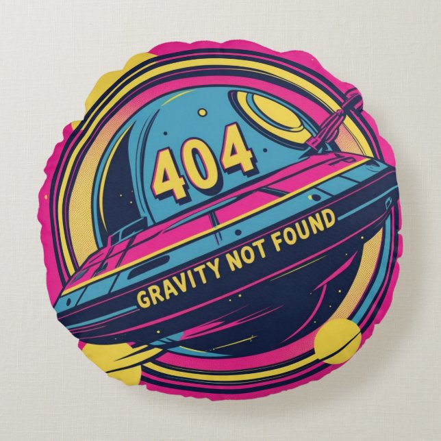 404 Gravity not found - Retro Space Pop Art Rundes Kissen (Vorderseite)