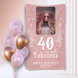 40 and Fabulous Foliage Pink Photo 40th Birthday  Banner