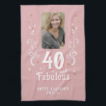 40 and Fabulous Foliage Pink Photo 40th Birthday  Geschirrtuch<br><div class="desc">40 and Fabulous Foliage Pink Photo 40th Birthday  kitchen towel. 40 and fabulous text in trendy white script with a name and white foliage on a pink background. Personalize it with your photo,  your name and the age.</div>