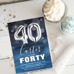 40 Blue & Silver Balloons 40. Geburtstag Einladung<br><div class="desc">Moderne Party Einladung aus dem 40. Jahrhundert mit einem farbenfrohen,  durchsichtigen Blasenkonfetti und einer großen silbernen Zahl von vierzig Helium-Ballons. Der Name ist in großer eleganter Kalligrafie-weißer Text mit einer einfachen Geburtstagsvorlage geschrieben,  die leicht zu anpassen ist. Wasserfarbenstrippter Hintergrund auf der Rückseite.</div>