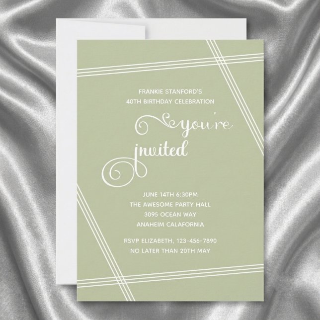 40. einfache moderne elegante Geburtstagseinladung (40th birthday sage green invite. Grey silk background.)
