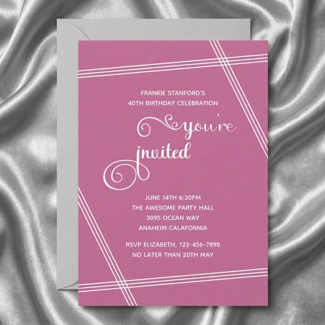 40. einfache moderne elegante Geburtstagseinladung (Pink 40th birthday invite. Grey silk background.)