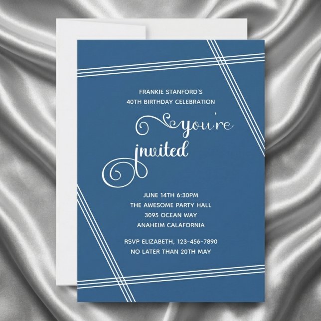 40. einfache moderne elegante Geburtstagseinladung (40th birthday blue invite. Grey silk background.)