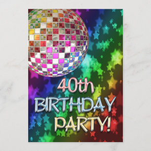 40. Einladung mit Disco Ball und Regenbogenstars