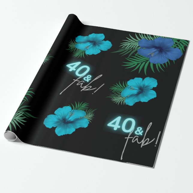 40 & Fab! Neon Blue Silver Black Tropical Birthday Geschenkpapier (Ungerollt)