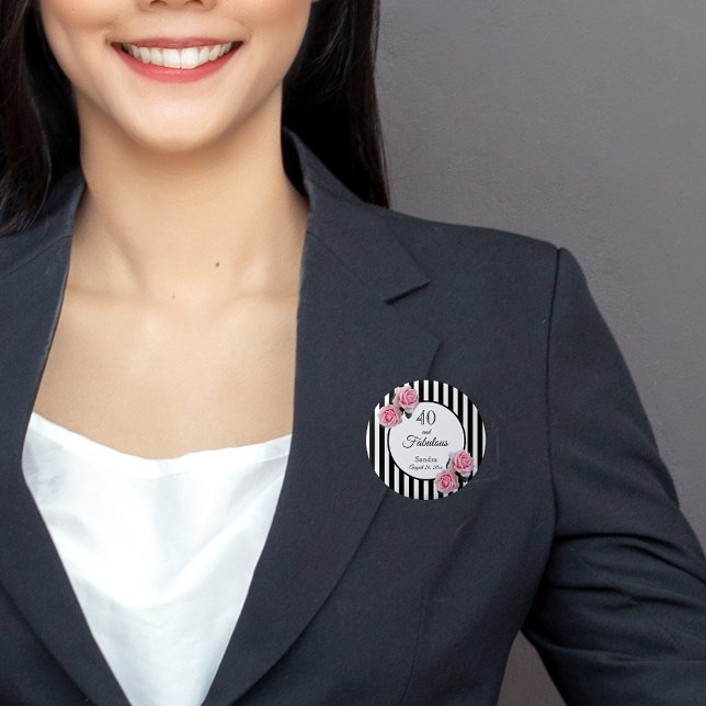40 fabelhafte rosa Rosen Schwarz-weiße Streifen Button (Von Creator hochgeladen)
