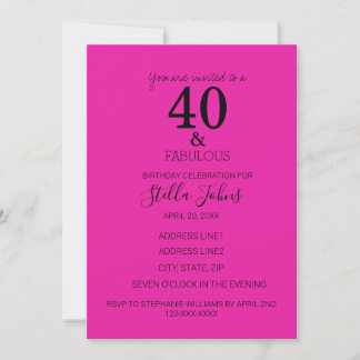 40 Fabelhaftes Birthday Hot Pink Black Custom Age Einladung