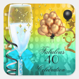 40 & Fabulous Aquamarin Blue Gold Birthday Champag Quadratischer Aufkleber