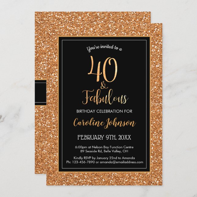 40 & Fabulous Birthday Black Gold Glitzer Einladung (Vorne/Hinten)