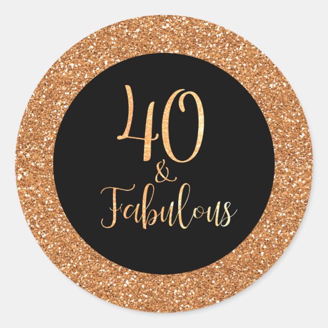 40 & Fabulous Birthday Black Gold Glitzer Runder Aufkleber (Vorderseite)