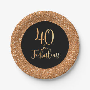 40 & Fabulous Birthday Gold Glitzer Black Pappteller