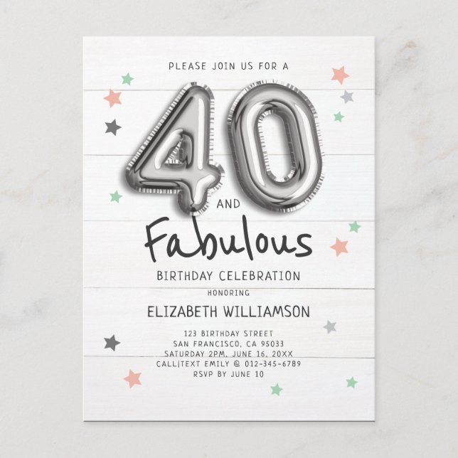 40 & Fabulous Foil Balloon Stars on Wood Birthday Einladungspostkarte (Vorderseite)