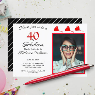 40 & Fabulous Foto Red 40. Geburtstag Schwarz-weiß Einladung