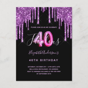 40 & Fabulous Glitzer tropfend schwarz lila Glam Postkarte