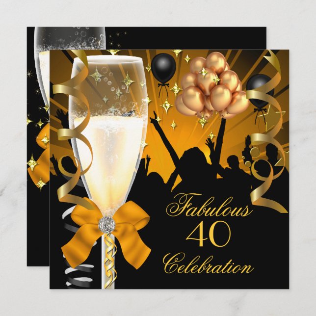 40 & Fabulous Gold Black Birthday Champagne Einladung (Vorne/Hinten)