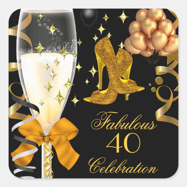 40 & Fabulous Gold Black Birthday Shoes Quadratischer Aufkleber (Vorderseite)