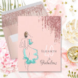 40 & fabulous party rose Glitter Einladung Postkarte<br><div class="desc">Eine feminine,  moderne und glamouröse Geburtstagseinladung. Eine gürtliche Rose goldene Hintergrundfarbe. Eine Skizze einer Frau in einem minzgrünen Kleid. Rose goldene Imitate Glitzer Tropfen,  Farbe Tropfen schauen auf oben. Der Text: 40 und Fabulous. Vorlagen für einen Namen und Party Details auf der Rückseite.</div>