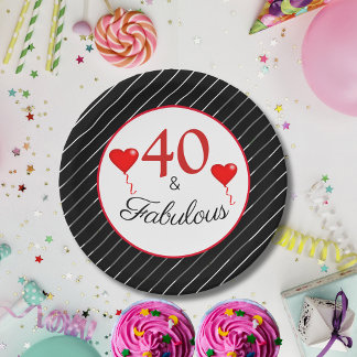 40 & Fabulous Red 40 th Birthday Schwarz-weiß Stri Pappteller