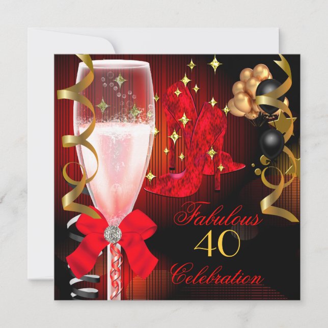 40 & Fabulous Red Black Gold Birthday Shoes Einladung (Vorderseite)