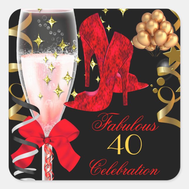40 & Fabulous Red Black Gold Birthday Shoes Quadratischer Aufkleber (Vorderseite)