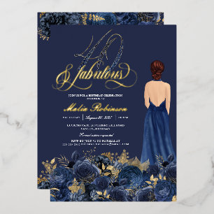 40 & Fantastisch Elegantes Blau & Gold Geburtstags Folieneinladung