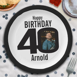 40. Foto Geburtstag schwarz-weiß Pappteller