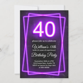 40. Funny 40 Neon Lights Retro Black Geburtstag Einladung