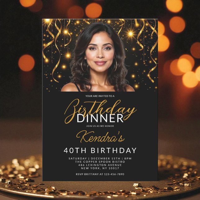 40. Geburtstag Abendessen Gold und Black Foto Einladung (Von Creator hochgeladen)