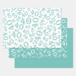 40. Geburtstag Aquamarin- und Weißnummernmuster 40 Geschenkpapier Set