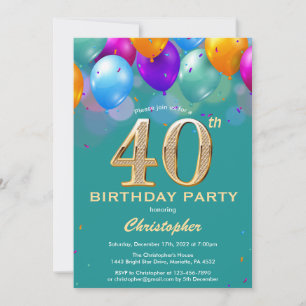 40. Geburtstag Aquamarine und goldene Ballons Einladung