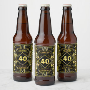 40. Geburtstag Art Deco Gold Black Great Gatsby Bierflaschenetikett